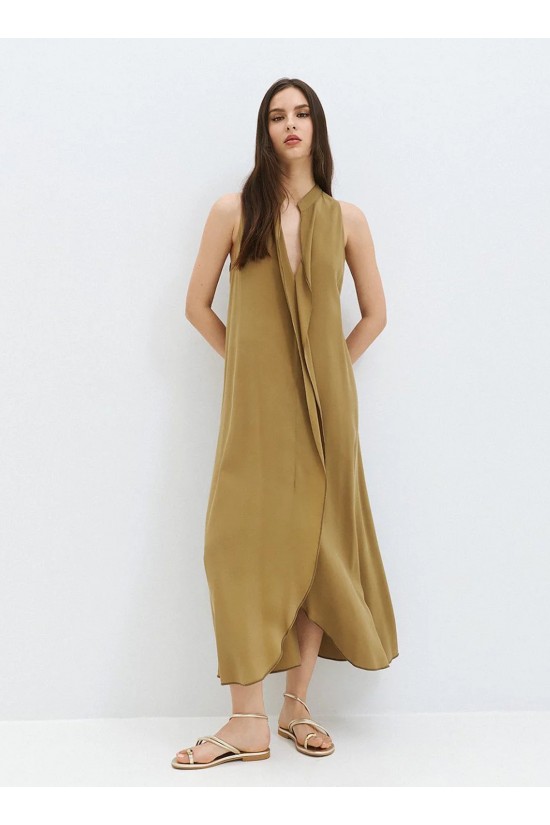 Γυναικείο μίντι λαδί φόρεμα με βολάν - Eight 63-3321