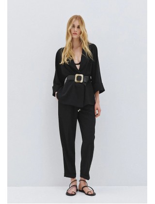 Γυναικείο μαύρο παντελόνι με λάστιχο και ρεβέρ - Access 63-5101