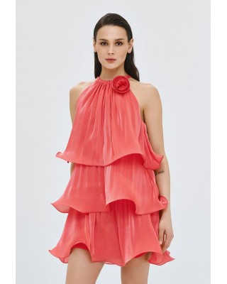 Γυναικείο φούξια μίνι φόρεμα με βολάν και λουλούδι - Spell 63-3023