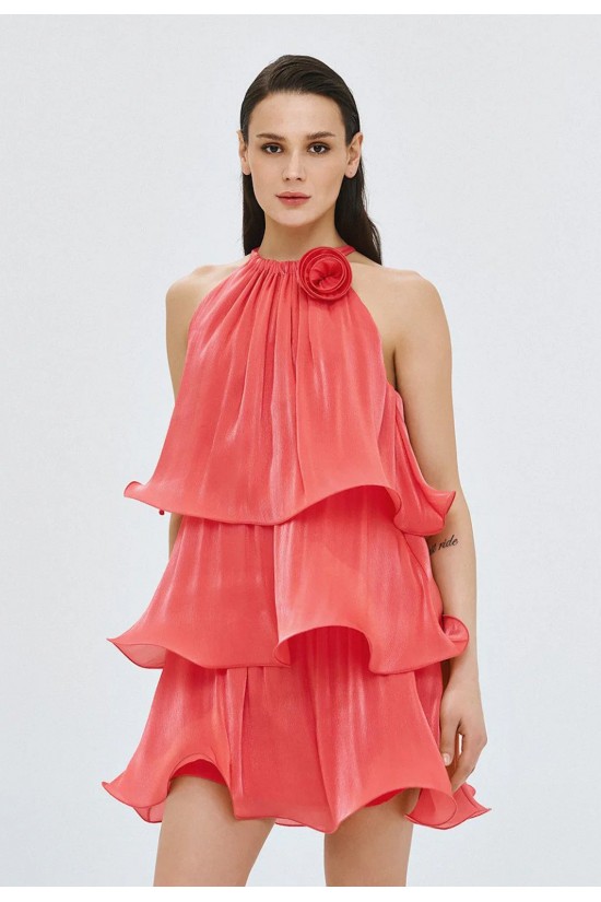 Γυναικείο φούξια μίνι φόρεμα με βολάν και λουλούδι - Spell 63-3023