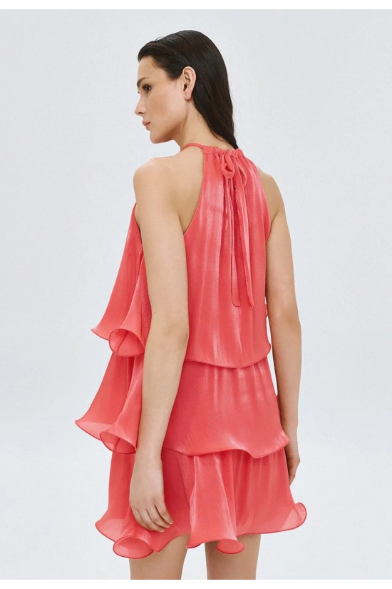 Γυναικείο φούξια μίνι φόρεμα με βολάν και λουλούδι - Spell 63-3023