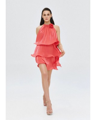 Γυναικείο φούξια μίνι φόρεμα με βολάν και λουλούδι - Spell 63-3023