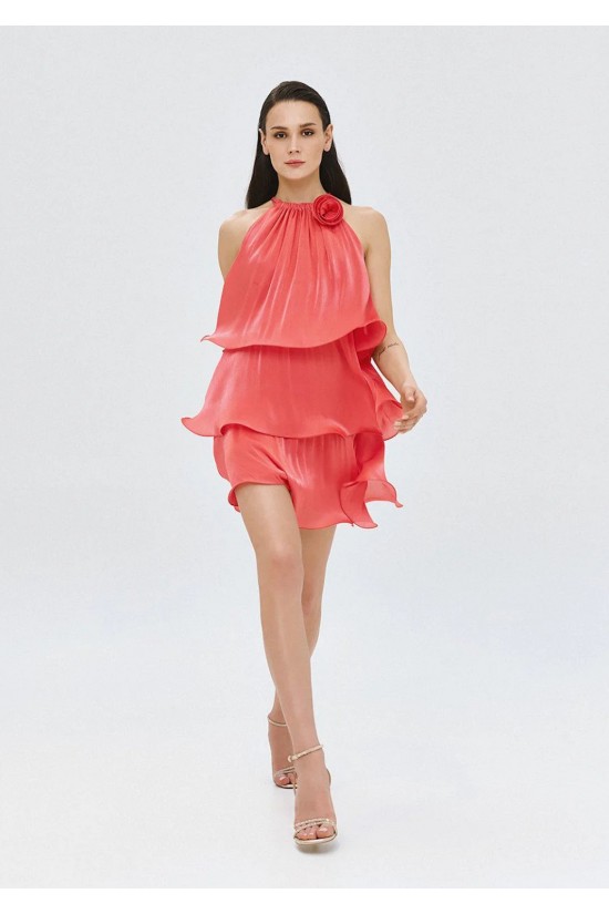 Γυναικείο φούξια μίνι φόρεμα με βολάν και λουλούδι - Spell 63-3023