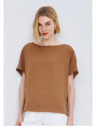 Γυναικεία καφέ κοντομάνικη μπλούζα με πιέτα - access 63-2068