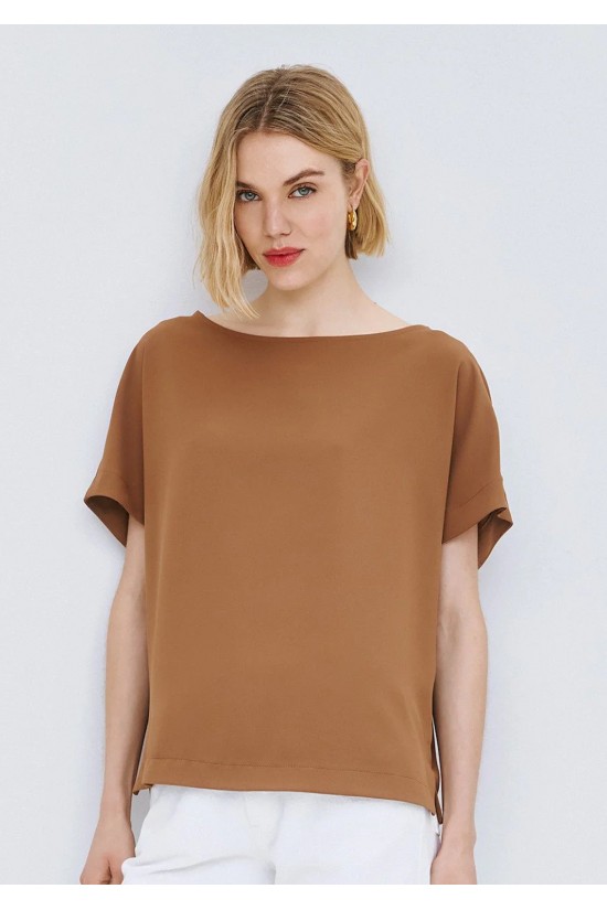 Γυναικεία καφέ κοντομάνικη μπλούζα με πιέτα - access 63-2068