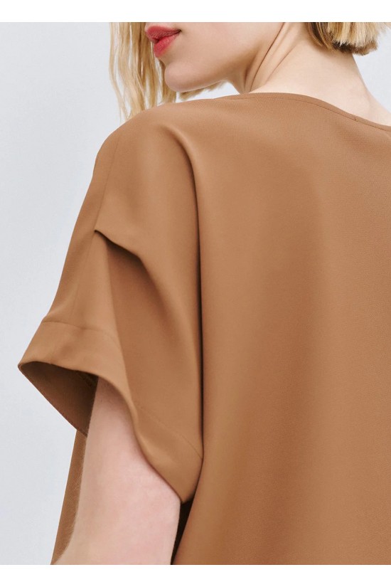 Γυναικεία καφέ κοντομάνικη μπλούζα με πιέτα - access 63-2068