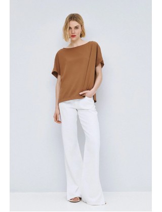 Γυναικεία καφέ κοντομάνικη μπλούζα με πιέτα - access 63-2068