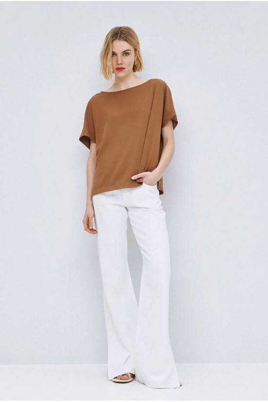 Γυναικεία καφέ κοντομάνικη μπλούζα με πιέτα - access 63-2068