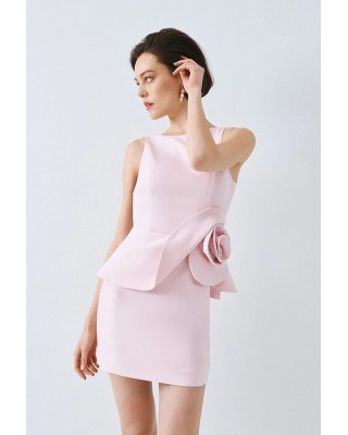 Γυναικείο μίνι ροζ φόρεμα με βολάν και λουλούδι - Spell 63-3004