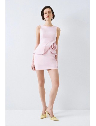 Γυναικείο μίνι ροζ φόρεμα με βολάν και λουλούδι - Spell 63-3004