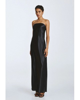 Γυναικείο μαύρο μάξι σατέν στράπλες φόρεμα - Access 63-3326