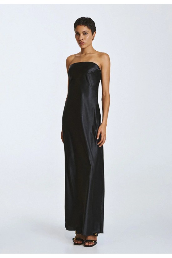 Γυναικείο μαύρο μάξι σατέν στράπλες φόρεμα - Access 63-3326