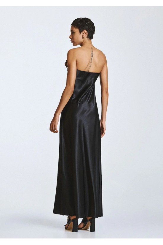 Γυναικείο μαύρο μάξι σατέν στράπλες φόρεμα - Access 63-3326
