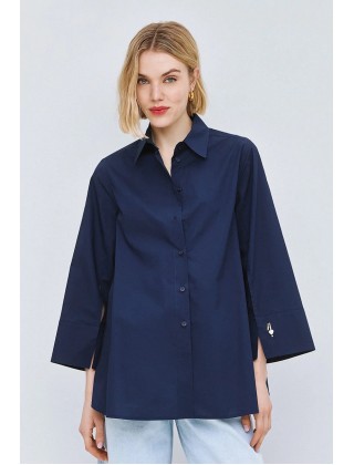 Γυναικείο μπλε oversized πουκάμισο με φαρδιά μανίκια - Eight 63-7013