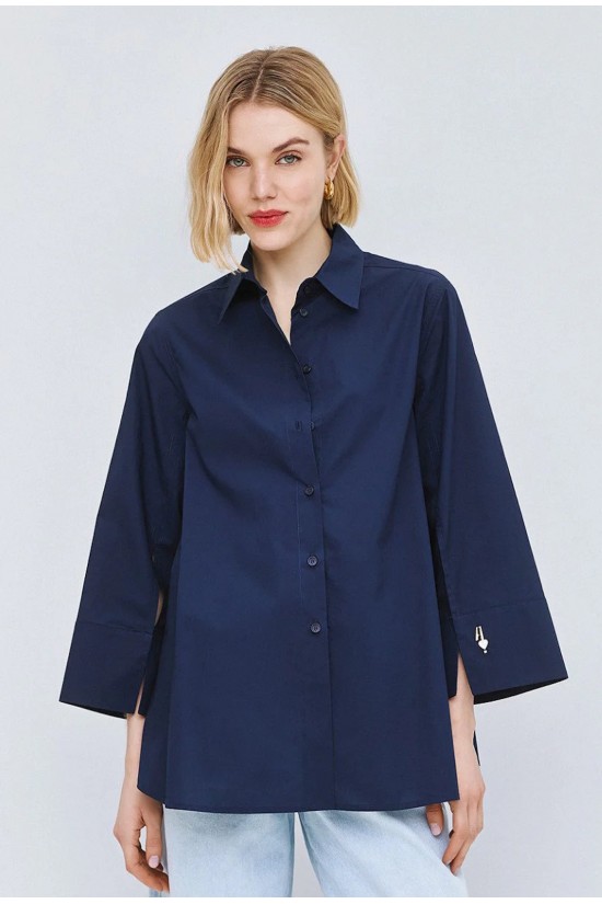 Γυναικείο μπλε oversized πουκάμισο με φαρδιά μανίκια - Eight 63-7013