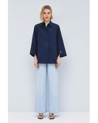 Γυναικείο μπλε oversized πουκάμισο με φαρδιά μανίκια - Eight 63-7013