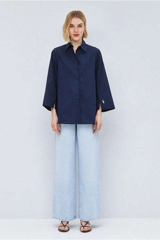 Γυναικείο μπλε oversized πουκάμισο με φαρδιά μανίκια - Eight 63-7013