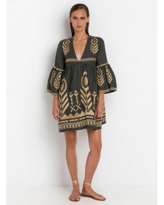 Khaki/Gold short linen dress by Greek Archaic Kori - S22K-230221