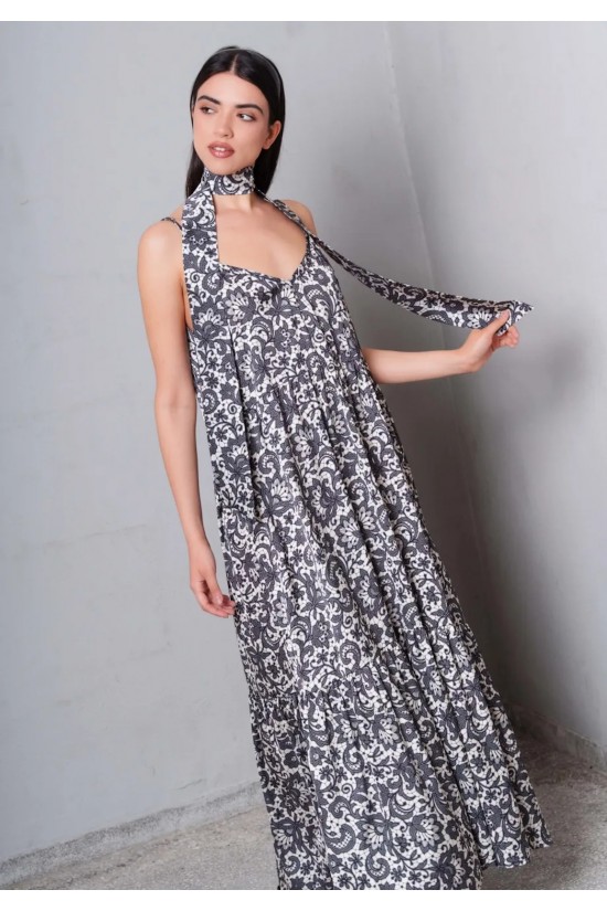 Γυναικείο εμπριμέ σατέν μάξι φόρεμα - Collectiva Noir Abner Dress CN140S08SAP