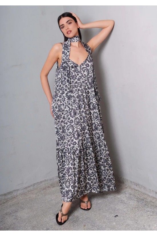 Γυναικείο εμπριμέ σατέν μάξι φόρεμα - Collectiva Noir Abner Dress CN140S08SAP