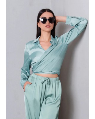 Γυναικείο πράσινο σατέν πολυμορφικό πουκάμισο - Collectiva Noir Lida Bow CN140N01SAT
