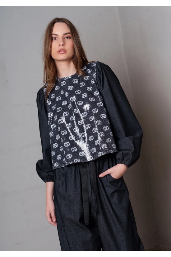 Γυναικεία denim μπλούζα με παγιέτα - Collectiva Noir Belinda Top
