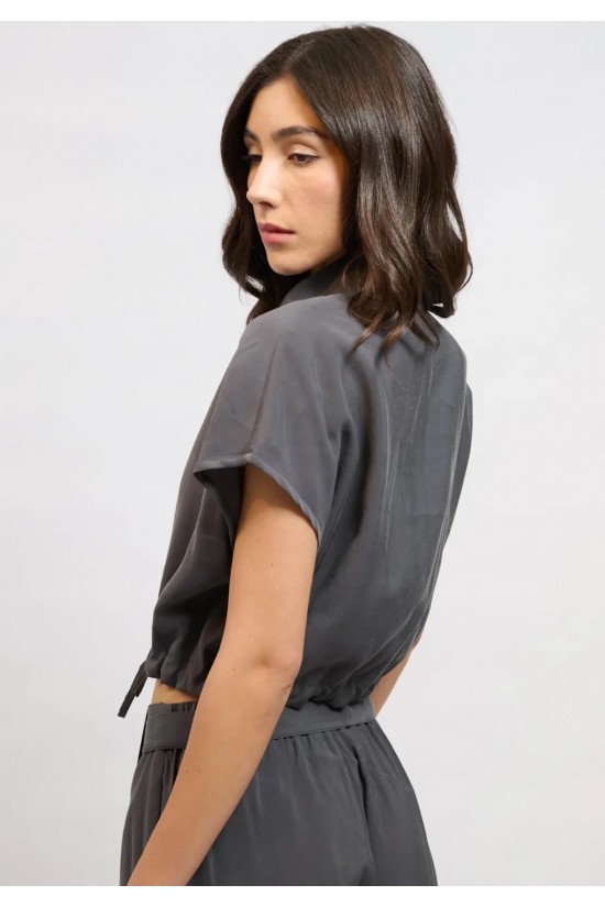 Γυναικείο γκρι cropped κοντομάνικο πουκάμισο - Collectiva Noir Peat Shirt