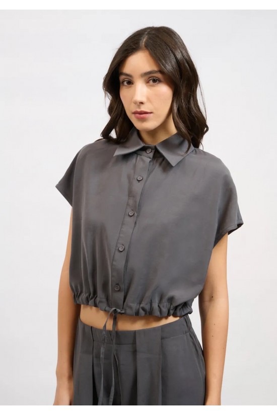 Γυναικείο γκρι cropped κοντομάνικο πουκάμισο - Collectiva Noir Peat Shirt