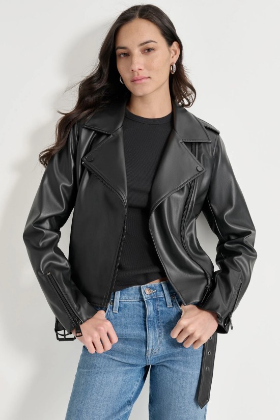 Γυναικείο μαύρο δερμάτινο μπουφάν - DKNY DJ4J6026 Γυναικείο μαύρο δερμάτινο μπουφάν - DKNY DJ4J6026