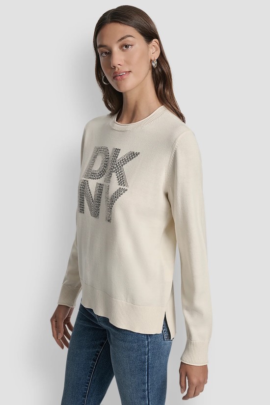 Γυναικείο βαμβακερό εκρού πουλόβερ με λογότυπο - DKNY DJ5R0840