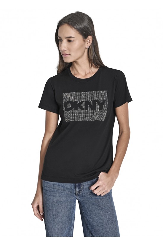Γυναικεία μαύρη κοντομάνικη μπλούζα με λογότυπο - DKNY DJ6T1701