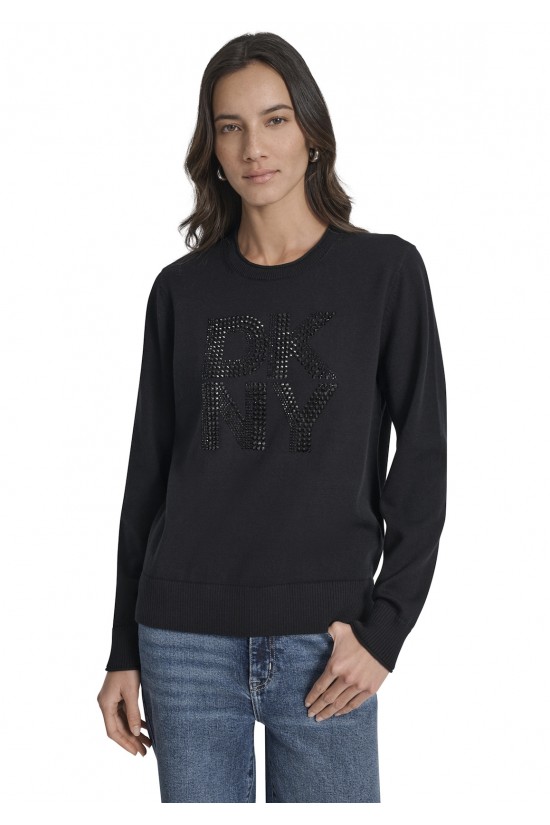 Γυναικείο βαμβακερό μαύρο πουλόβερ με λογότυπο - DKNY DJ5R0840