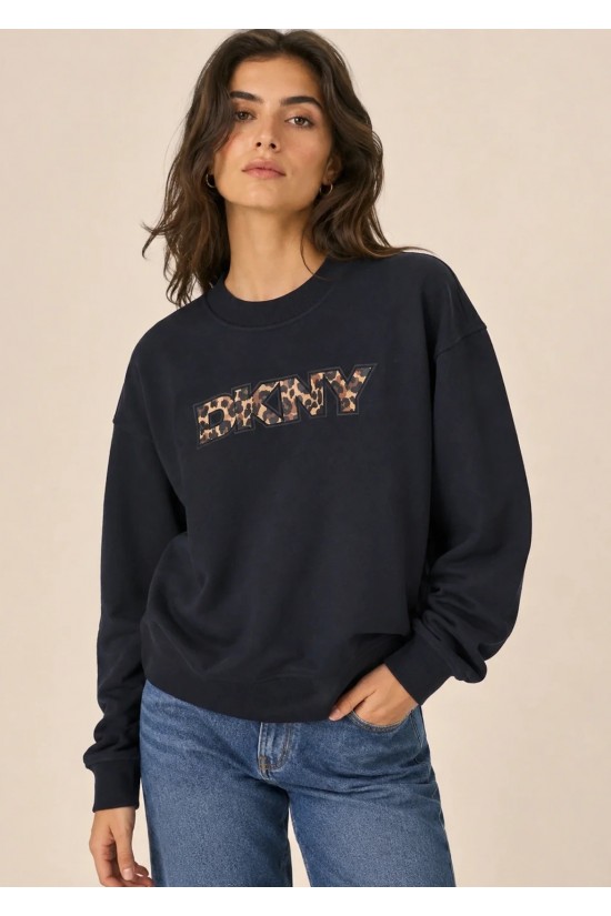 Γυναικείο μαύρο φούτερ με λεοπάρ λογότυπο - DKNY DP6T1829 Γυναικείο μαύρο φούτερ με λεοπάρ λογότυπο - DKNY DP6T1829
