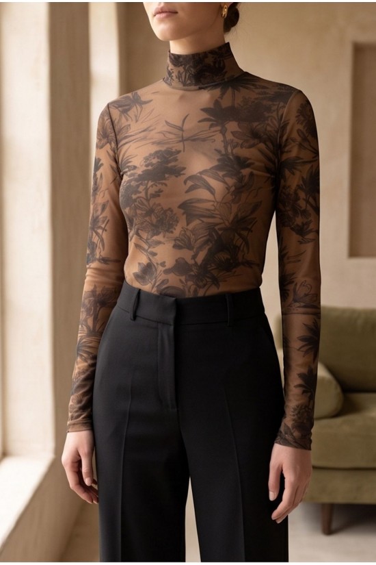 Γυναικεία καφέ μπλούζα διαφάνεια με floral print - Moutaki 26.01.118 Γυναικεία καφέ μπλούζα διαφάνεια με floral print - Moutaki 26.01.118
