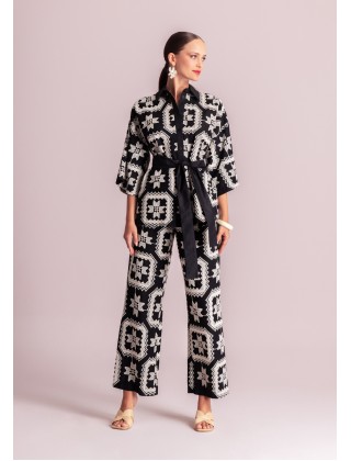 Γυναικεία μαύρη υφασμάτινη παντελόνα με κέντημα - Moutaki 26.03.28