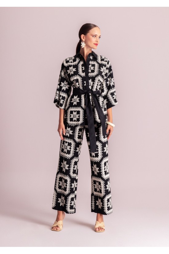 Γυναικεία μαύρη υφασμάτινη παντελόνα με κέντημα - Moutaki 26.03.28