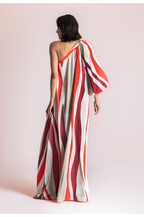 Γυναικείο μάξι σατέν φόρεμα με έναν ώμο και print - Moutaki 26.07.90