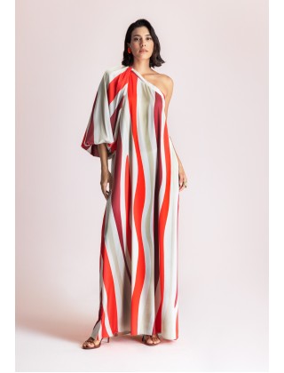 Γυναικείο μάξι σατέν φόρεμα με έναν ώμο και print - Moutaki 26.07.90