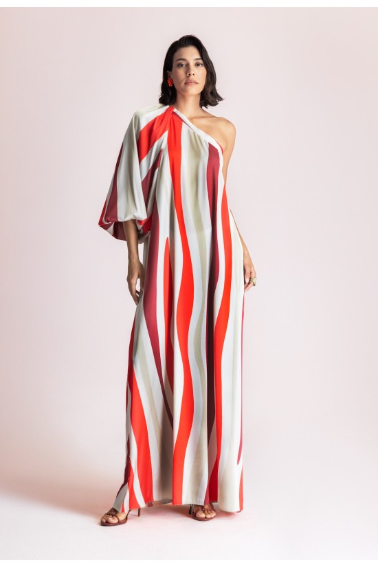 Γυναικείο μάξι σατέν φόρεμα με έναν ώμο και print - Moutaki 26.07.90