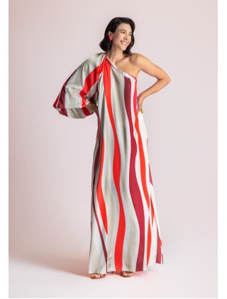 Γυναικείο μάξι σατέν φόρεμα με έναν ώμο και print - Moutaki 26.07.90