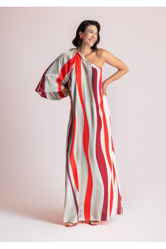 Γυναικείο μάξι σατέν φόρεμα με έναν ώμο και print - Moutaki 26.07.90