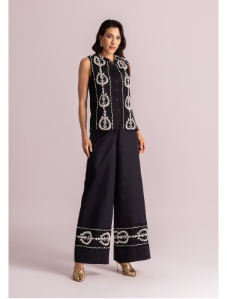 Γυναικεία μαύρη φαρδιά παντελόνα με κεντήματα - Moutaki 26.03.08