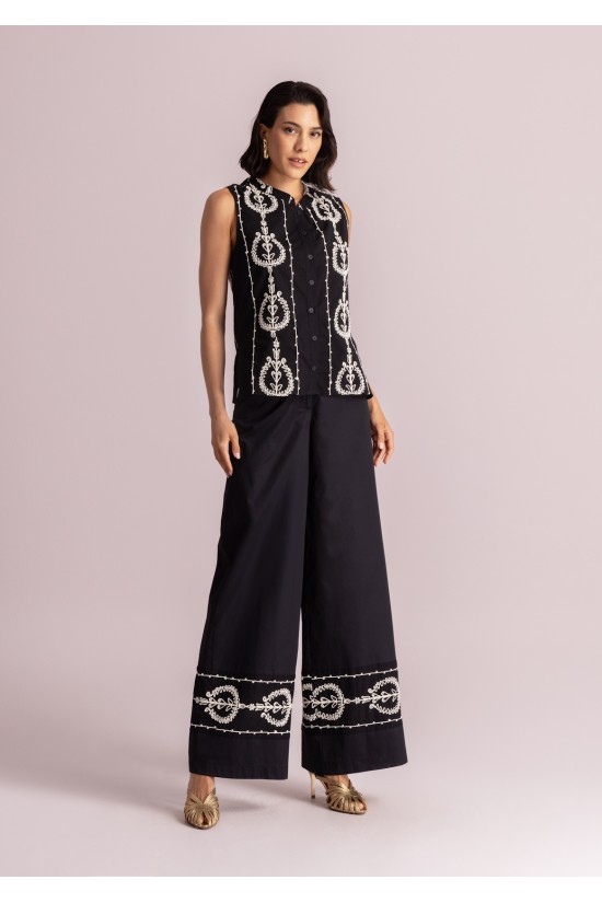 Γυναικεία μαύρη φαρδιά παντελόνα με κεντήματα - Moutaki 26.03.08