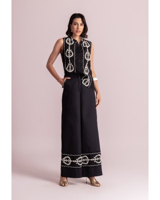 Γυναικεία μαύρη φαρδιά παντελόνα με κεντήματα - Moutaki 26.03.08