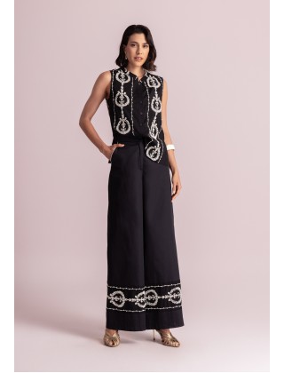 Γυναικεία μαύρη φαρδιά παντελόνα με κεντήματα - Moutaki 26.03.08