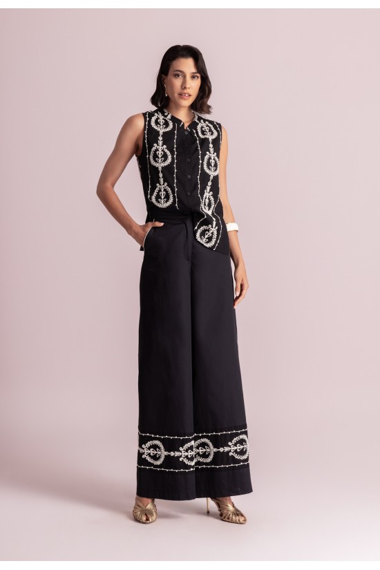 Γυναικεία μαύρη φαρδιά παντελόνα με κεντήματα - Moutaki 26.03.08
