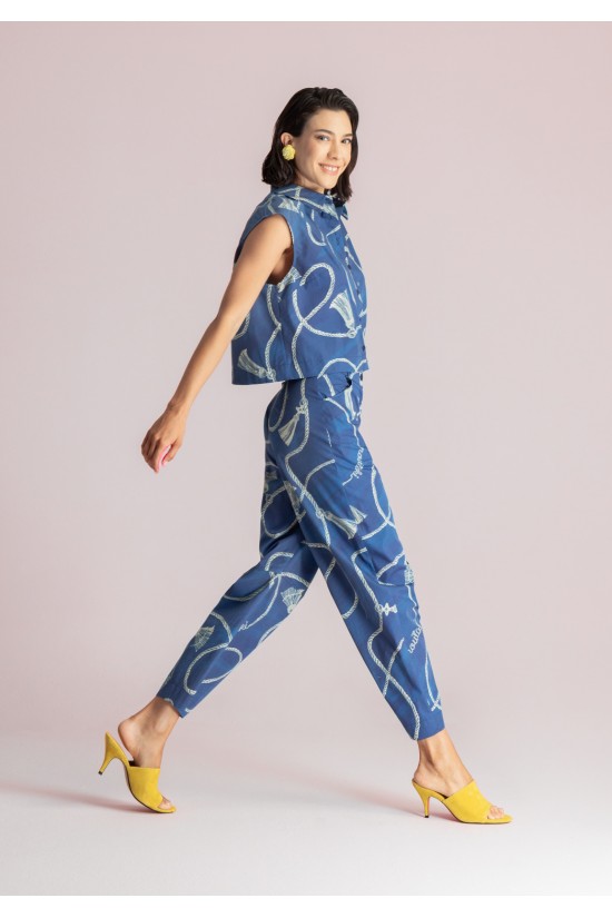 Γυναικείο cropped μπλε πουκάμισο με print - Moutaki 26.09.01