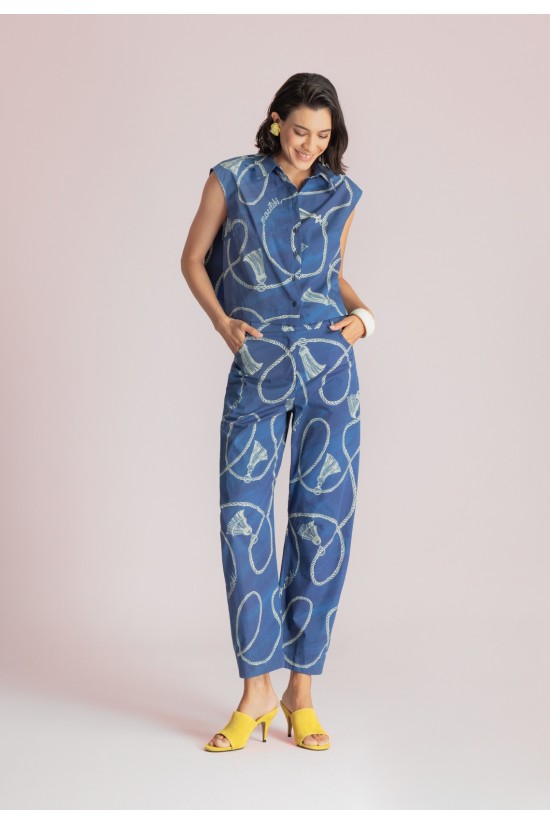 Γυναικείο cropped μπλε πουκάμισο με print - Moutaki 26.09.01