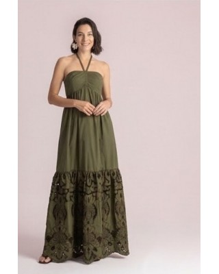 Γυναικείο μάξι χακί φόρεμα με κέντημα - Moutaki 26.07.77