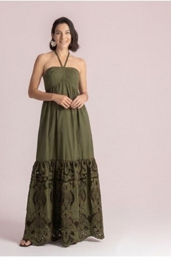 Γυναικείο μάξι χακί φόρεμα με κέντημα - Moutaki 26.07.77